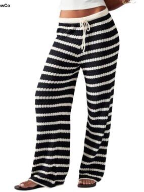 Crochet Knit High Waist Drawstring Wide Leg Palazzo Pants Boho Beach Cover Up